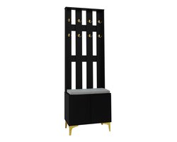 Schoenrek ingangskast opbergkast met 8 gouden haakjes een zachte zithoek om schoenen te verwisselen en opbergruimte verticale gestreepte golvende panelen 60,5x35,2x180,5 cm zwart