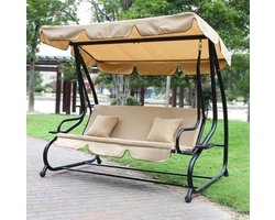 Schommelbank Beige met Klapbare Rugleuning & Kussens - Tuinschommel 3-Persoons