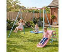 Schommelbank Met Glijbaan – Metalen Frame – 180 x 330 x 136 cm – Blauw Roze – Twee Schommels Voor Tuin En Speelplaats Voor Kinderen