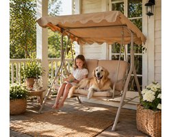 Schommelbank met Zonnescherm – Comfortabele 3-zits Tuinbank - Stevig Frame - Crème - 158 x 113 x 151 cm