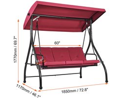 Schommelbank - Schommelbank 3 Personen - Schommelbanken - 72x47inch - Hollywoodschaukel - Hangbank - 3-Zits - met Verstelbare Luifel Verwijderbaar Dik Kussen - Rood/Bourgondië