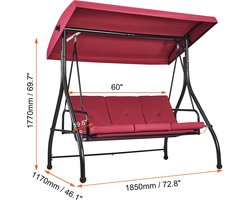 Schommelbank - Schommelbanken - Schommelbank 3 Personen - Hangbank - Hollywoodschaukel - 3-Zits - met Verstelbare Luifel Verwijderbaar Dik Kussen - 72x47in - Rood/Bourgondië