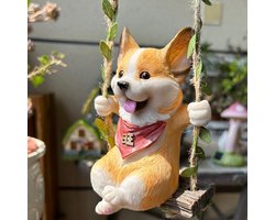 Schommelend Corgi Ornament met Touw, Hangend Puppy Beeldje voor Tuin, Balkon en Auto Decoratie, Hars Sculptuur