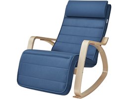Schommelstoel 121,5 x 67 x 84 cm Blauw, Loungestoel Fauteuil met 5 Verstelbare Standen, Houten Frame, 150 kg Draagvermogen, Hoogdensiteitsschuim, Katoenen Bekleding, Relaxstoel voor Woonkamer en Slaapkamer