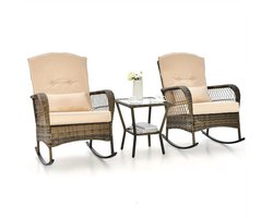 Schommelstoel - 3-Delige Lounge Set – Buiten Schommelstoelset – Tuinmeubelen – Balkonmeubels – Pe-Rattan – Metalen Frame – Gehard Glas Blad