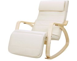 Schommelstoel 55 x 115 x 91 cm Wit, Loungestoel Fauteuil met 5 Verstelbare Standen, Houten Frame, 150 kg Draagvermogen, Hoogdensiteitsschuim, Katoenen Bekleding, Relaxstoel voor Woonkamer en Slaapkamer