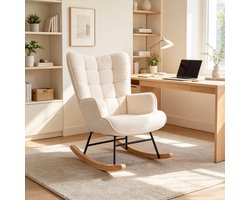 Schommelstoel 60x75x92 cm, relaxstoel, fauteuil, loungestoel met geruite rugleuning, teddy stof, gestoffeerde fauteuil in beige