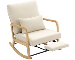 Schommelstoel 89x70x97.5cm Wit Hout Fauteuil relaxstoel leesstoel met voetensteun verstelbare rugleuning en lendenkussen comfortabele schommelstoel geschikt voor woonkamer slaapkamer en balkon