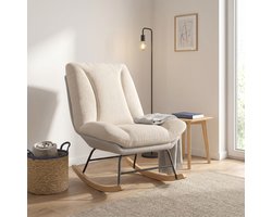 Schommelstoel 90,5x59x70cm - Relaxstoel met 10-voudig Verstelbare Rugleuning - Voedingsstoel van Linnen en Hout voor Woonkamer Slaapkamer - Beige