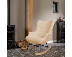 Schommelstoel – Beige schaapjesstof - Hout en staal