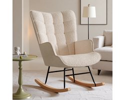 Schommelstoel Beige Teddy - Comfortabele Relaxstoel met Houten Wielen, 92cm Hoog
