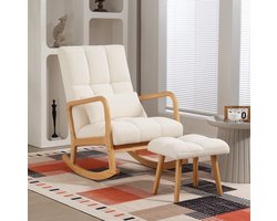 Schommelstoel - Fauteuil Met Hocker - Ergonomisch Met Hoge Rugleuning En Armleuningen - Voor Woonkamer En Slaapkamer - Hout En Stof Wit