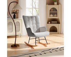 Schommelstoel, fauteuil, relaxfauteuil - fluwelen stof, gewatteerde armleuningen, schuim met hoge dichtheid, hoge rugleuning, poten van natuurlijk beukenhout - Lichtgrijs