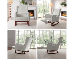 Schommelstoel – Fauteuil – Relaxstoel – Loungestoel – Nursing Chair – Met Voetsteun en Lumbar Kussen – Ademend Linnen en Robuust Houten Frame – Lichtgrijs