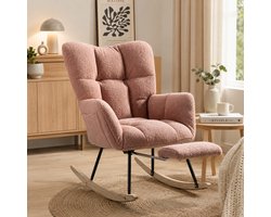 Schommelstoel - Fauteuils met armleuning - Relaxfauteuil - stoel babykamer - Zijvakken - Metalen frame - voetpedaal - Teddyfleece materiaal - voorzien van vloerbeschermende viltstrips - Roze