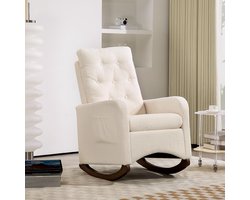 Schommelstoel – Gestoffeerde schommelstoel met zijzak – Babykamer glijstoel met hoge rugleuning en rubberhouten poten fauteuil – Comfortabele accentstoel voor woonkamer en slaapkamer – 86×66×65 cm – Wit