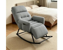 Schommelstoel grijs corduroy stof met rug en voetsteun verstelbaar in vijf standen past zich aan lezen rusten en slapen aan voor aangenaam ontspannen op balkon terras en in de woonkamer 102*48*115cm