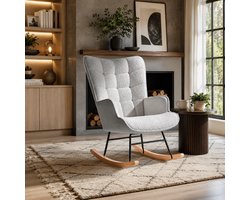 Schommelstoel hout - Relaxstoel babykamer Met kussen - Fauteuil - Voedingsstoel - Roomwit - met armleuningen en rugleuning - Teddy Lichtgrijs