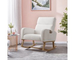 Schommelstoel in teddy stof, comfortabele relaxstoel met armleuningen, wit, moderne woonkamerstoel