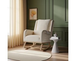 Schommelstoel Linnen - Relaxfauteuil Hout - Ontspannen Zitten - Zijvakken Handig - 96 x 68 x 93 cm - Beige
