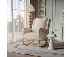Schommelstoel, Linnen verpleegstoel, Relaxstoel babykamer met verdikt kussen, Massief houten frame, Beige