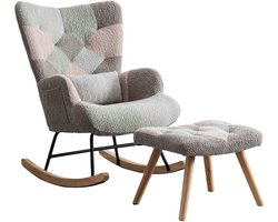 Schommelstoel – Lounge Chair – Fauteuil – Relaxstoel – Tuinstoel – Met rubberhouten frame – Memory foam zitkussen & lendensteun – Inclusief voetenbankje (49x38x37 cm) – Multicolor design