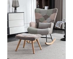 Schommelstoel – Lounge Stoel – Relaxstoel – Schommelzetel – Rocking Chair – Multicolor Velvet Bekleding – Rubberhouten Frame – Inclusief Voetensteun en Lendenkussen