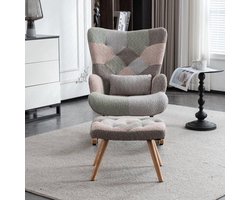 Schommelstoel – Lounge Stoel – Relaxstoel – Schommelzetel – Rocking Chair – Multicolor Velvet Bekleding – Rubberhouten Frame – Inclusief Voetensteun en Lendenkussen