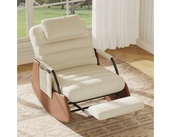 Schommelstoel - Loungestoel - Fauteuil - Verstelbare rugleuning in drie standen - Neksteun - Opklapbare voetensteun - Beige en bruin (corduroy stof)