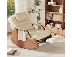 Schommelstoel - Loungestoel - Fauteuil - Verstelbare rugleuning in drie standen - Neksteun - Opklapbare voetensteun - Beige en bruin (wollen stof)