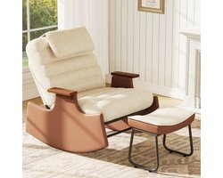 Schommelstoel - Loungestoel - Fauteuil - Verstelbare rugleuning in drie standen - Neksteun - Voetenbank - Beige en bruin (wollen stof)