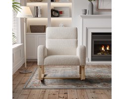 Schommelstoel met armleuningen, zijvakken, verstelbare rugleuning, massief houten poten, Sherpa-stof, Scandinavische stijl - Beige