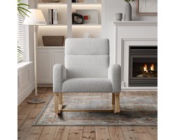 Schommelstoel met armleuningen, zijvakken, verstelbare rugleuning, massief houten poten, Sherpa-stof, Scandinavische stijl - Lichtgrijs