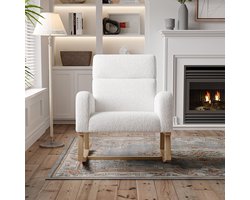 Schommelstoel met armleuningen, zijvakken, verstelbare rugleuning, massief houten poten, Sherpa-stof, Scandinavische stijl - Wit