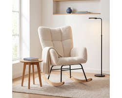 Schommelstoel met hoge rugleuning en armleuningen - relaxstoel van teddystof - metalen en houten frame - Crèmewit