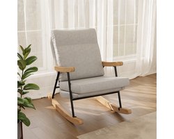 Schommelstoel met houten armleuningen en metalen frame, voedingsstoel, schommelstoel, moderne relaxstoel, gewatteerde stoel voor woonkamer, slaapkamer, babykamer, lounge, borstvoeding, linnengrijs