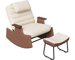 Schommelstoel met in 3 standen verstelbare rugleuning, loungestoel met hoofdsteun en voetenbankje, voor woonkamer of kantoor, beige, lamswol