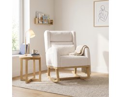 Schommelstoel met lendensteun en zijzakken - relaxstoel met hoge rugleuning - massief houten poten en linnen - moderne stijl - wit