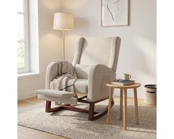 Schommelstoel met Opklapbare Voetensteun - Relaxfauteuil met Hoge Rugleuning van Linnen en Massief Hout - Moderne Stijl - Beige