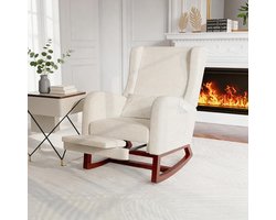 Schommelstoel met uitschuifbare voetsteun en lendenkussen, Verpleegstoel met zijvakken, massief houten onderstel, Hoge rugleuning relaxfauteuil voor woonkamer, slaapkamer en babykamer, Beige