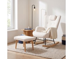 Schommelstoel met Voetenbank - Hoge Rugleuning en Zijvak - Relaxstoel van Teddystof en Hout - Moderne Stijl - Wit