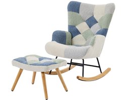 Schommelstoel met voetenbank, moderne stoffen fauteuil, gestoffeerde slaapbank voor woonkamer, slaapkamer, kantoor (patchworkkleur, pied-de-poulepatroon) - draagvermogen tot 110 kg