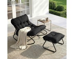 Schommelstoel met Voetenbank – Tuin Loungestoel met Kussen – Metalen Frame – Belastbaar tot 150 kg – Waterafstotend – Comfortabele Rocking Chair voor Buiten