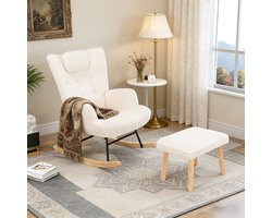 Schommelstoel met Voetenbank – Zijvak, Voetensteun, Relax Fauteuil voor Woonkamer, Slaapkamer, Babykamer, Teddy Stof Crème Wit