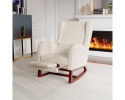 Schommelstoel met voetenbankje, fauteuil - telescopische beensteun, kussens, katoenen linnen stof, massief houten poten, zijzakken - Beige