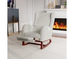 Schommelstoel met voetenbankje, fauteuil - telescopische beensteun, kussens, katoenen linnen stof, massief houten poten, zijzakken - Grijs