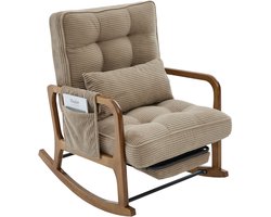 Schommelstoel met voetensteun - Kaki ribstof schommelstoel - Verstelbare rugleuning - Zijzakken - 150kg draagkracht - Woonkamer - 70x80x92cm - Kaki