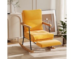 Schommelstoel met Voetsteun– Ergonomische Verpleegstoel in Linnen, Massief Hout & Metaalstructuur, Scandinavische Ontspanningsstoel voor Woonkamer/Slaapkamer (Geel)