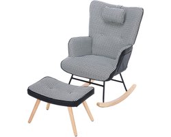 Schommelstoel met zijvak, kussen van zeer elastisch schuim met voetenbank en hoofdsteun, fauteuil in de woonkamer, fauteuil in de slaapkamer met ruitmotief