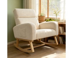 Schommelstoel met zitkussen, relaxstoel met hoge rugleuning en armleuningen, zijvak, fauteuil voor woonkamer, slaapkamer of balkon, teddy stof, beige